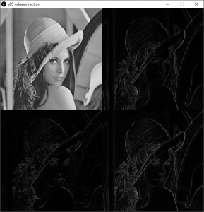 左上:原画像,右上:横方向の1次微分画像,左下:縦方向の1次微分画像,右下:エッジ強度画像