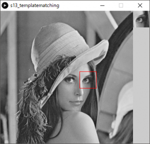 左:探索対象画像,左:テンプレート画像(目の部分),赤枠:テンプレートマッチングによって検出された位置
