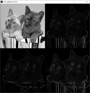 左上:原画像,右上:横方向の1次微分画像,左下:縦方向の1次微分画像,右下:エッジ強度画像