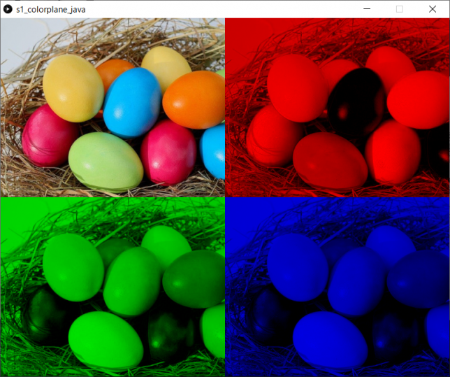 カラー画像をRGBの各プレーンにわけて表示（左上：原画像、右上：赤プレーン、左下：緑プレーン、右下：青プレーン）